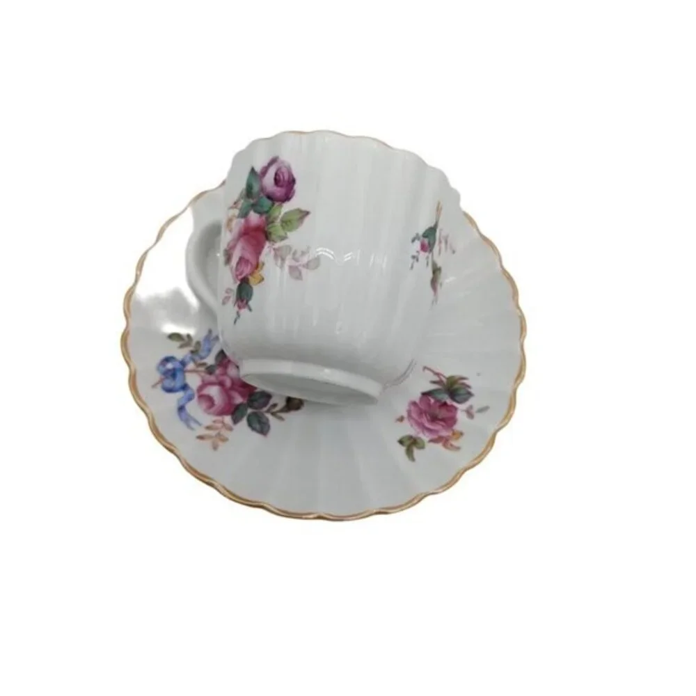 Vintage Spode Copeland's‎ Y5775 Flat Cup & Saucer Set floral ribbon  2 1/2 in
